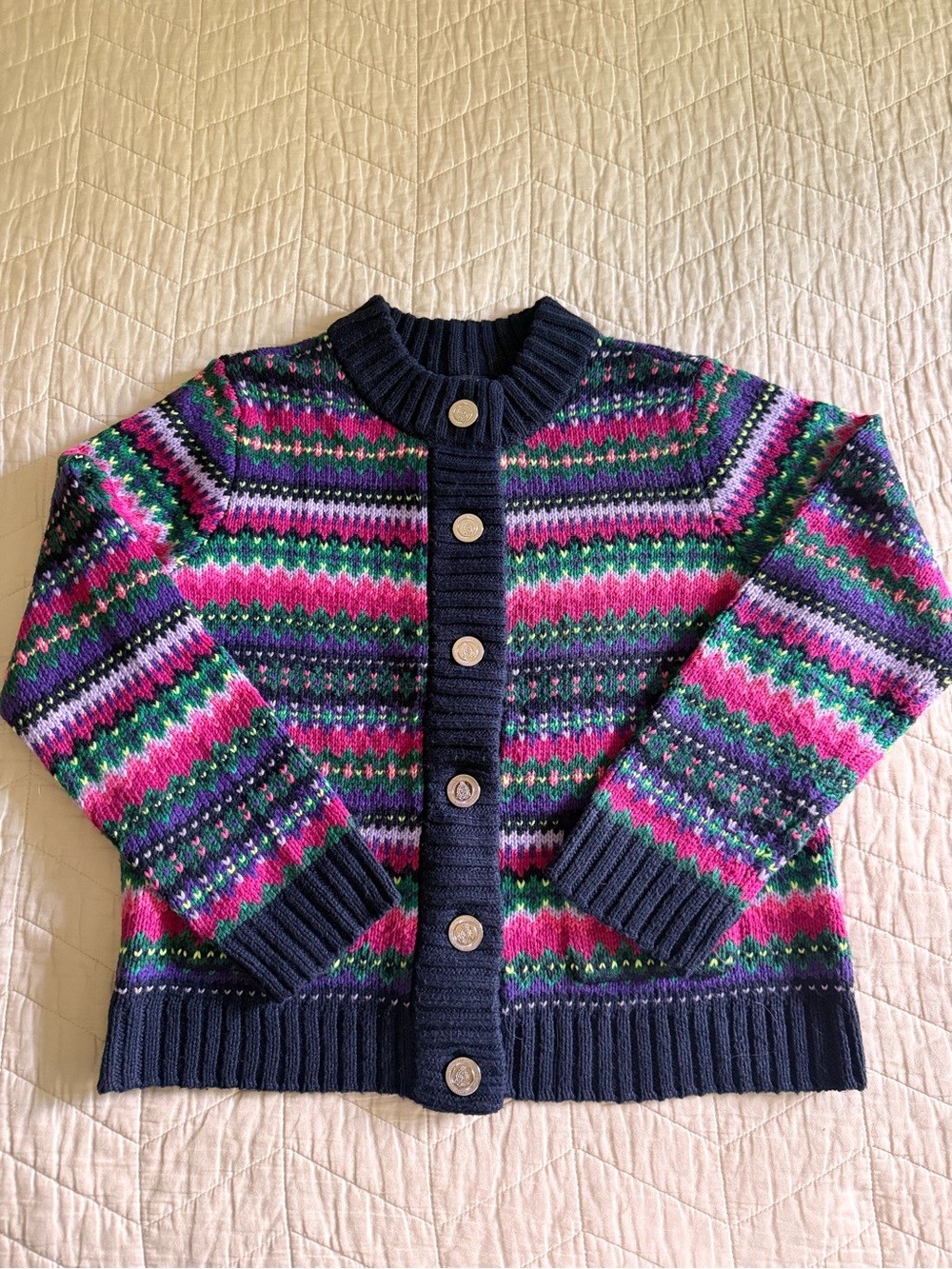 Talbots Petite Navy Multicolor Fair Isle Knit Cardigan
